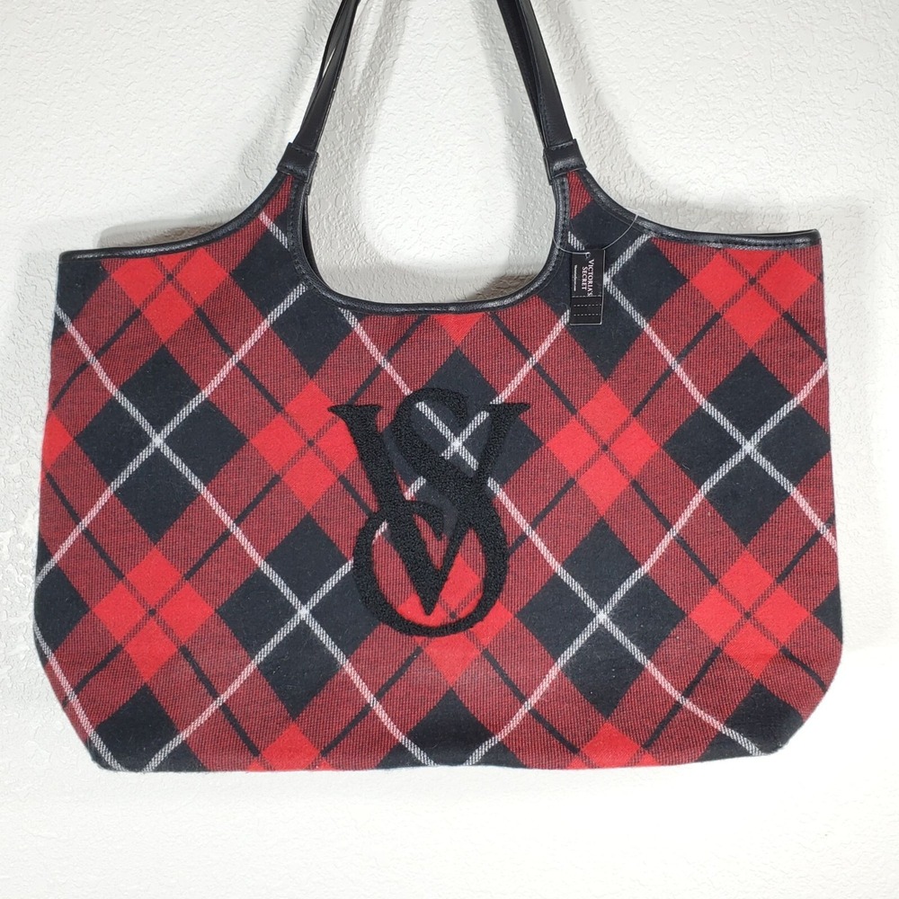 Victorias Secret Red & Black Tartan Plaid Tote Bag VS Logo Hobo 19.5" x 12" - Picture 7 of 9